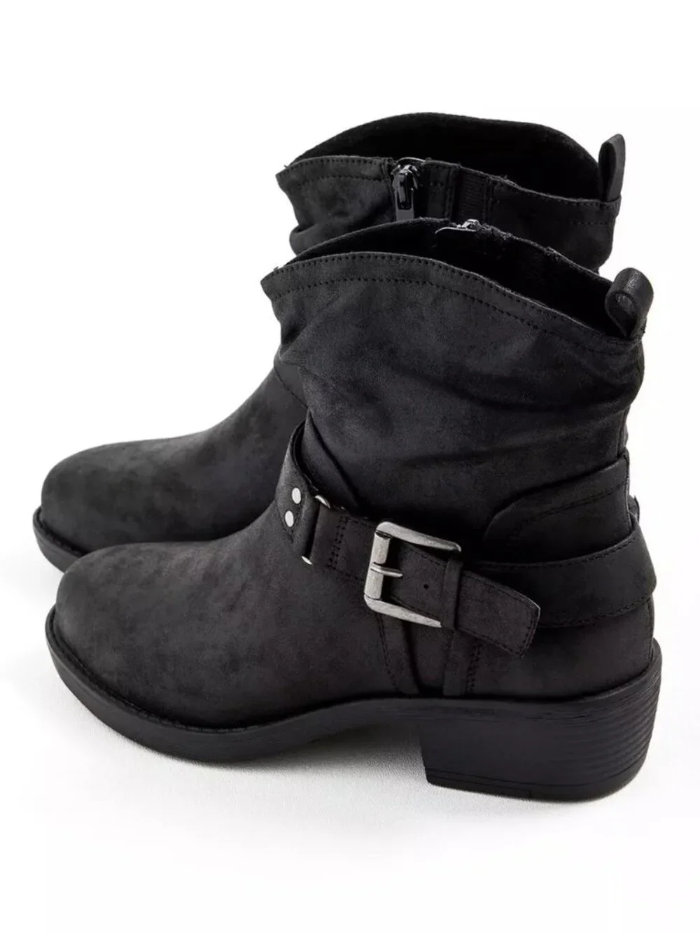 Torrid Bootie Boots 9 WW Wide Black Moto Slouchy Ankle Buckle Zip Heel Shoes NIB